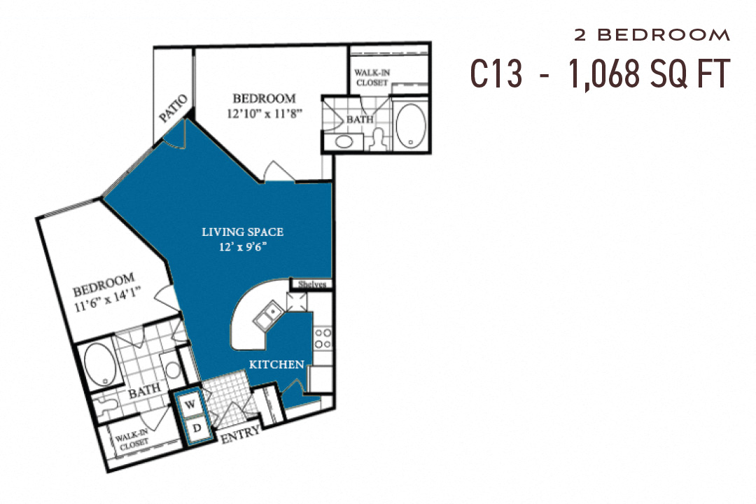Floor plan for 2 beds, 2 baths, 1068 sqft